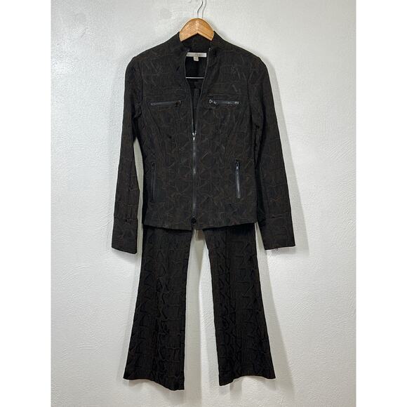 VTG Y2K Cache Luxe 2 Pc Low Rise Flare Pants (2) Zip Jacket Set (XS) Brown Black